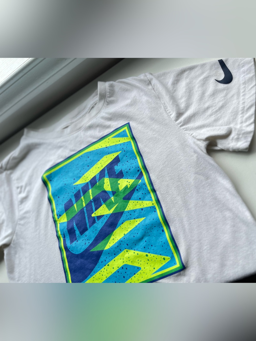 Nike White Tee with Neon Blue & Lime Graphic Panel Large boys youth unisex